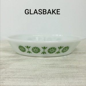 Vintage Glasbake Divided Casserole Dish Green & White